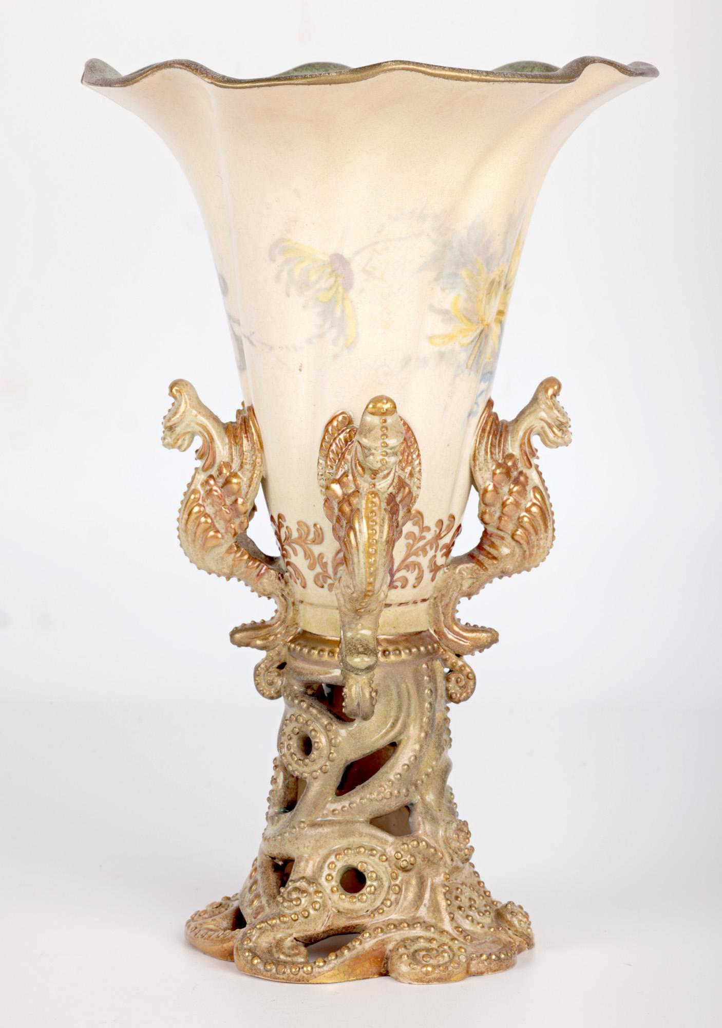 Crown Doulton Lambeth Floral Painted Trumpet Vase With Griffins For Sale 7