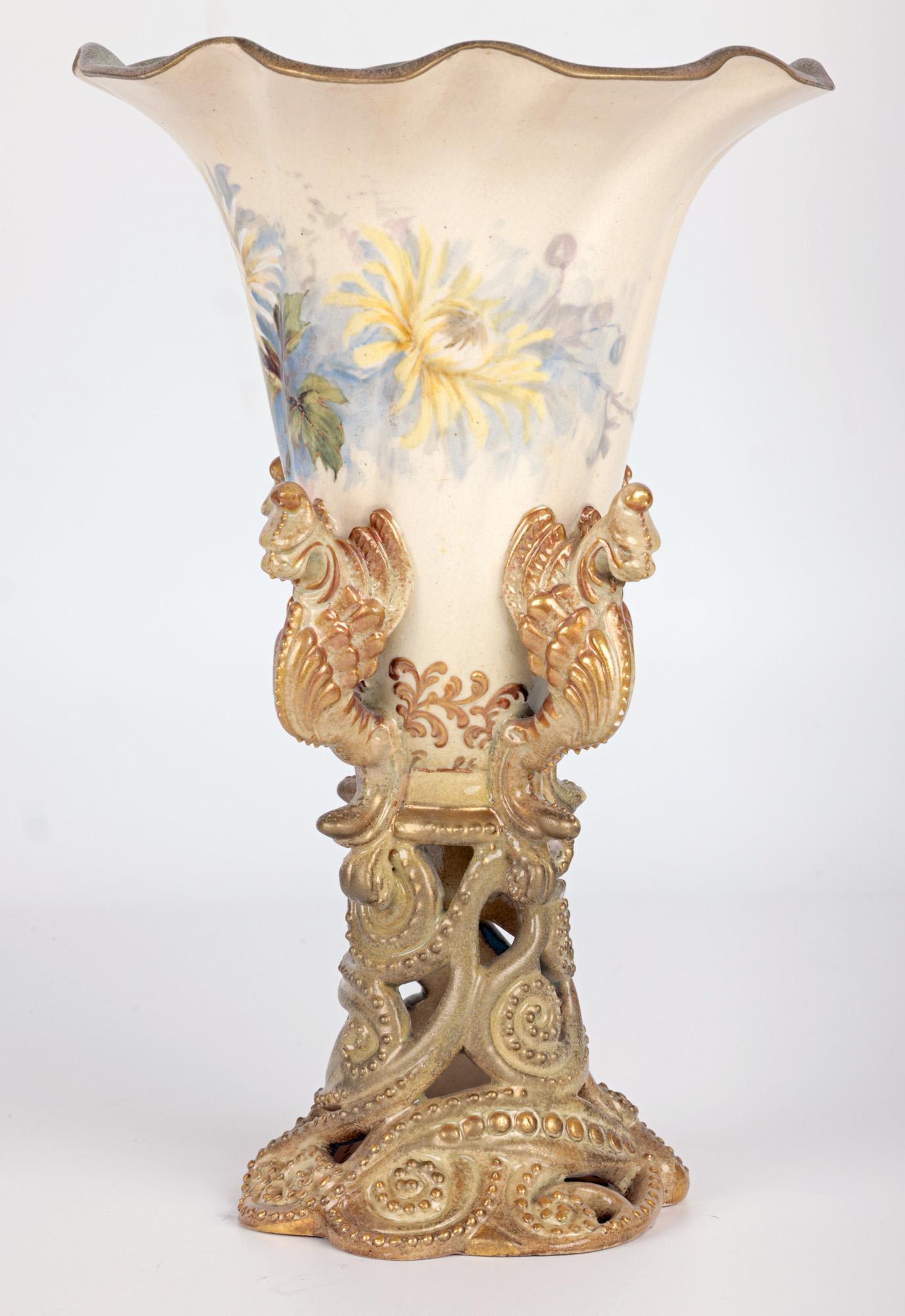 Crown Doulton Lambeth Floral Painted Trumpet Vase With Griffins For Sale 9