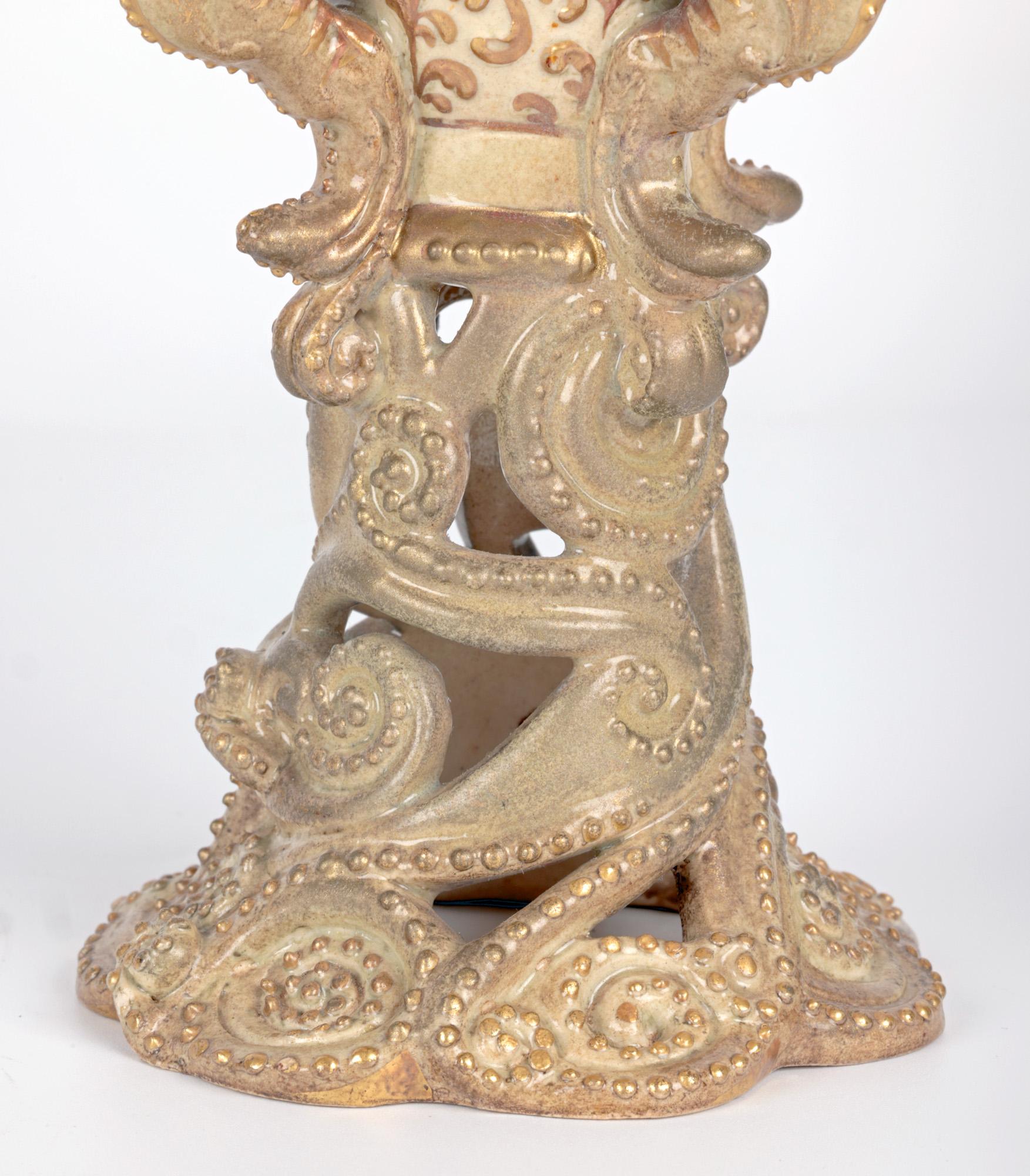 Art Nouveau Crown Doulton Lambeth Floral Painted Trumpet Vase With Griffins For Sale