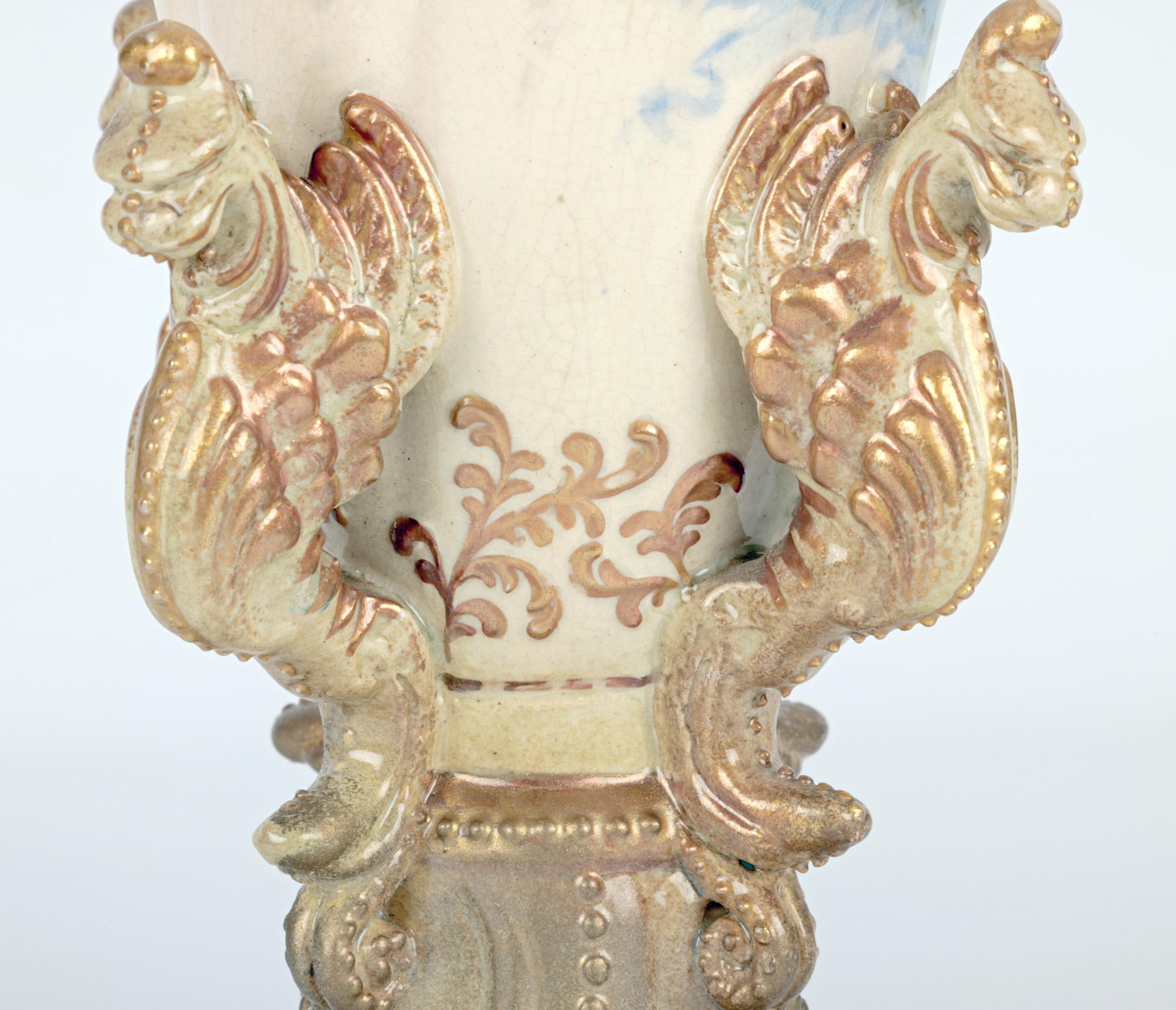 English Crown Doulton Lambeth Floral Painted Trumpet Vase With Griffins For Sale