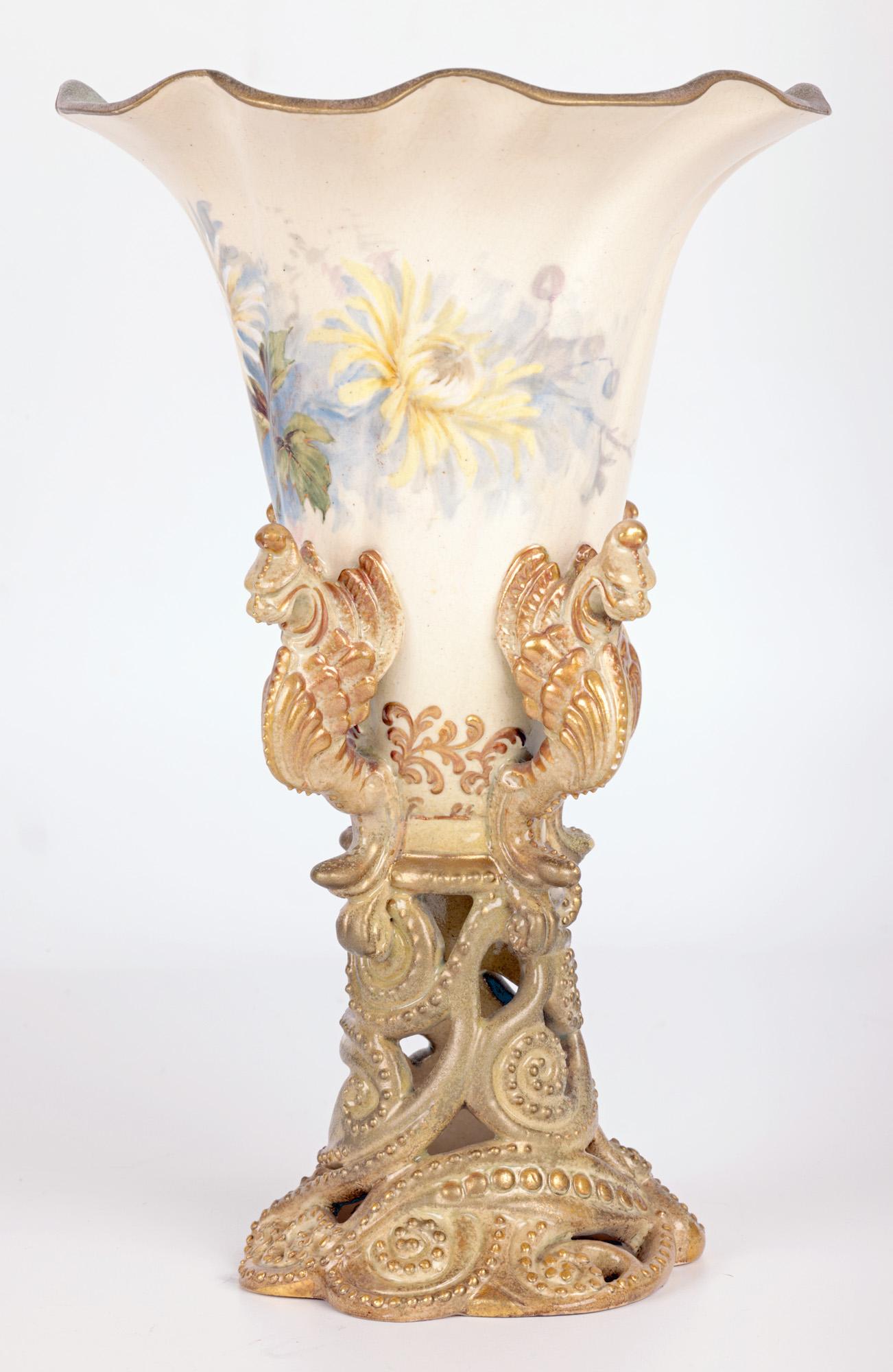 Late 19th Century Crown Doulton Lambeth Floral Painted Trumpet Vase With Griffins For Sale