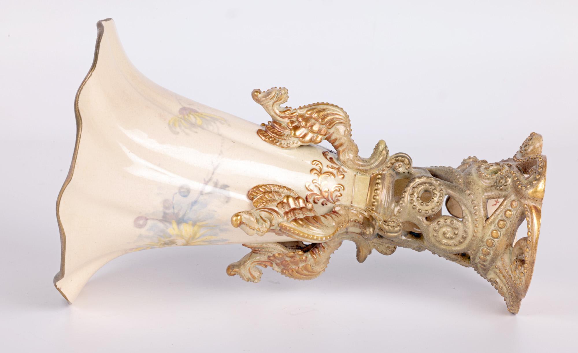 Crown Doulton Lambeth Floral Painted Trumpet Vase With Griffins For Sale 1