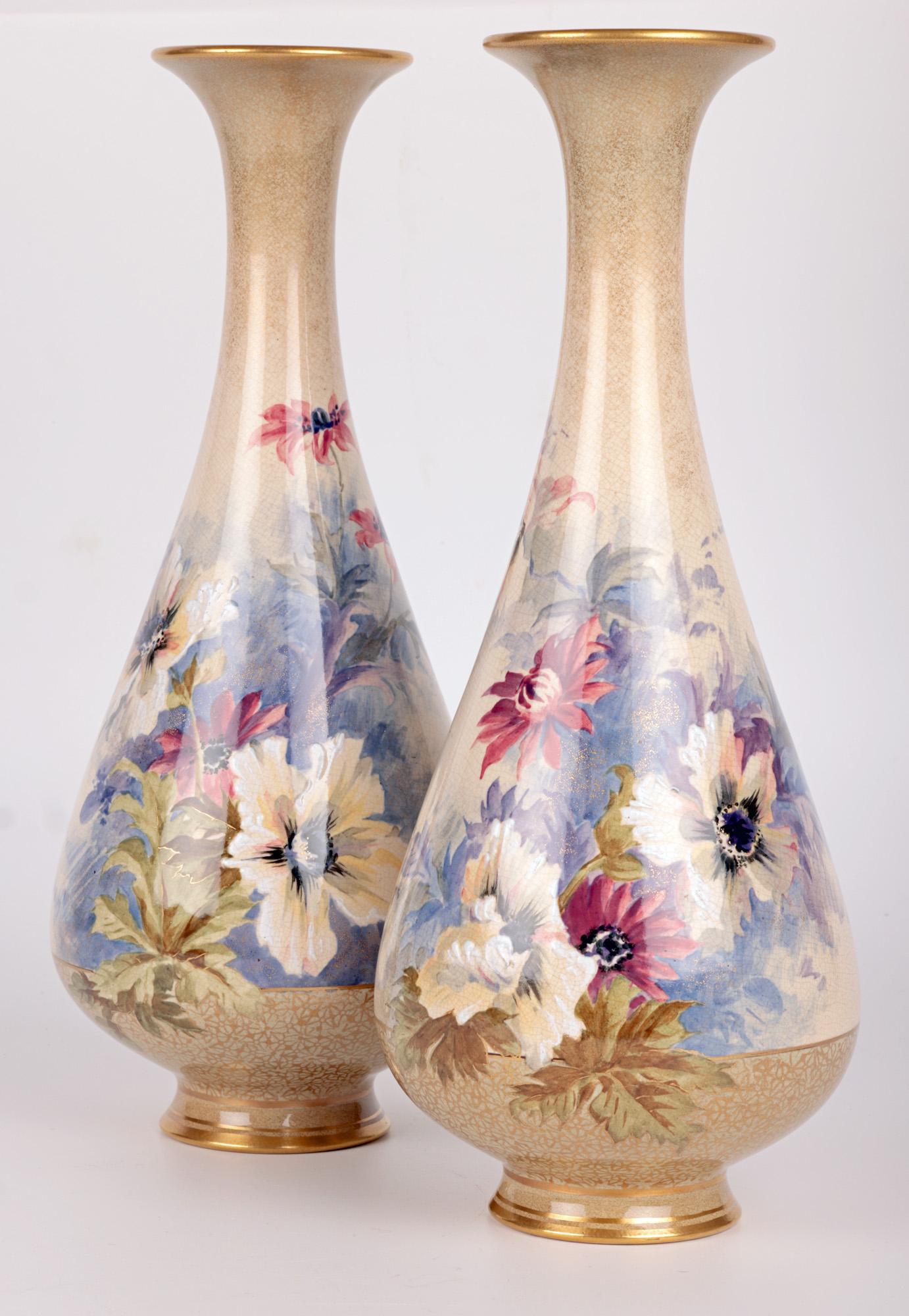 Crown Doulton Lambeth Large Pair Impressive Floral Painted Vases For Sale 2