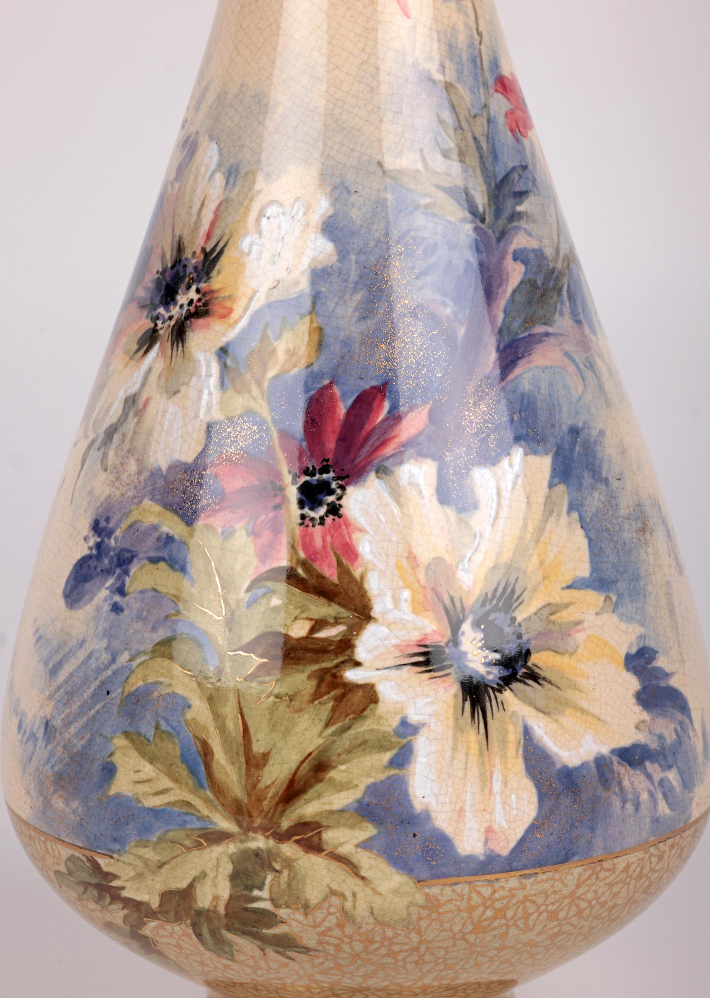 Crown Doulton Lambeth Large Pair Impressive Floral Painted Vases For Sale 4