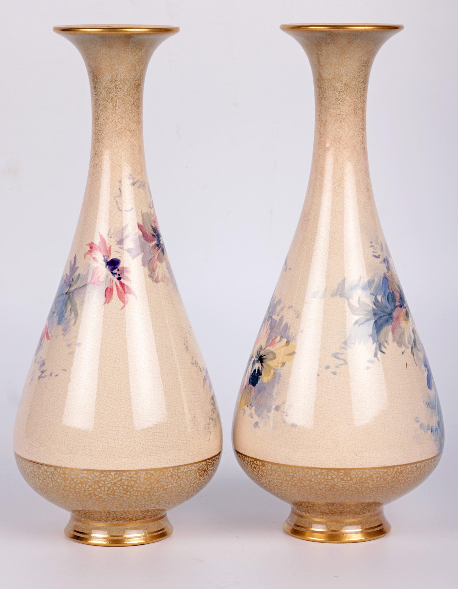 Crown Doulton Lambeth Large Pair Impressive Floral Painted Vases For Sale 5
