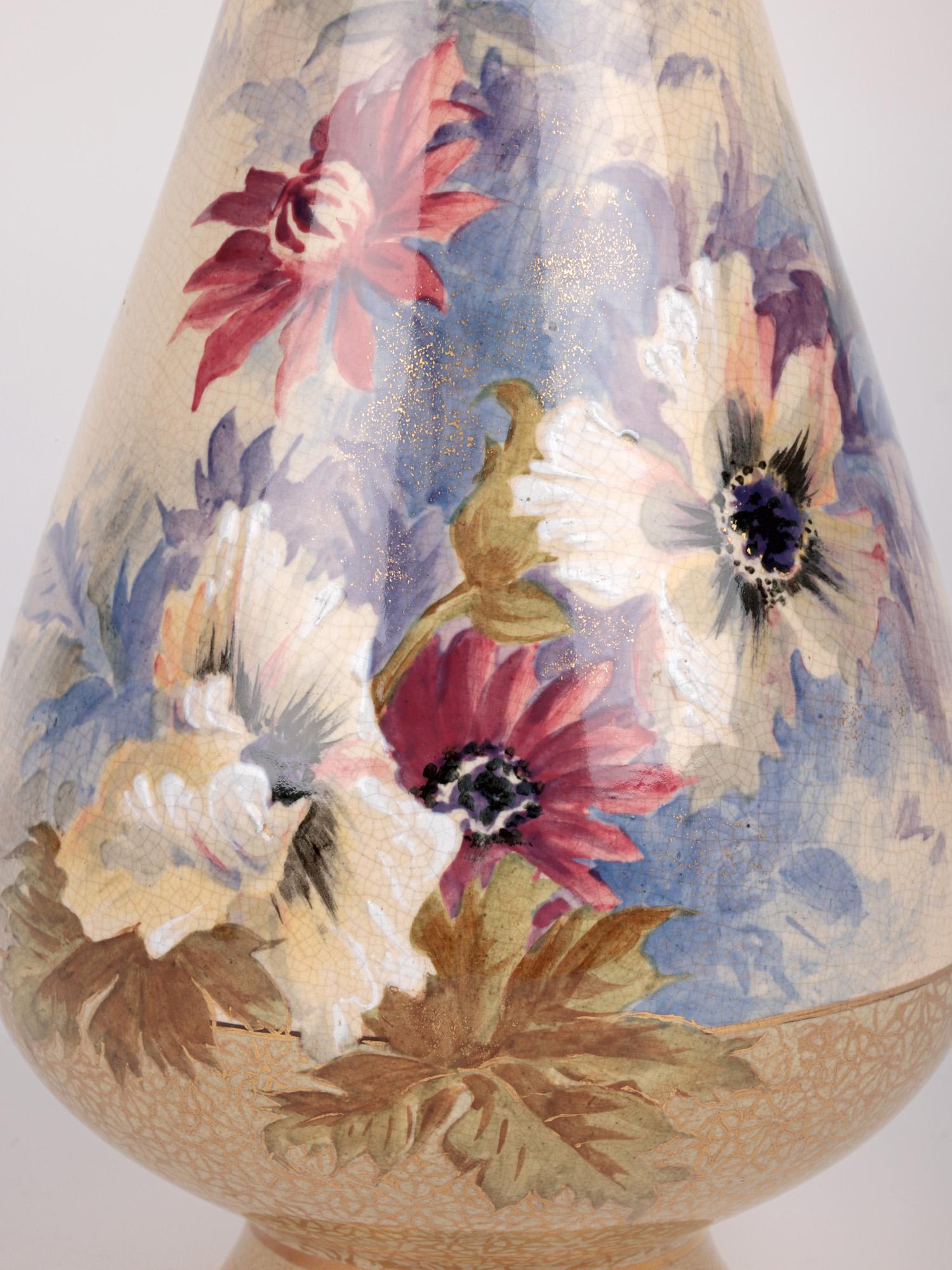 Crown Doulton Lambeth Large Pair Impressive Floral Painted Vases For Sale 7