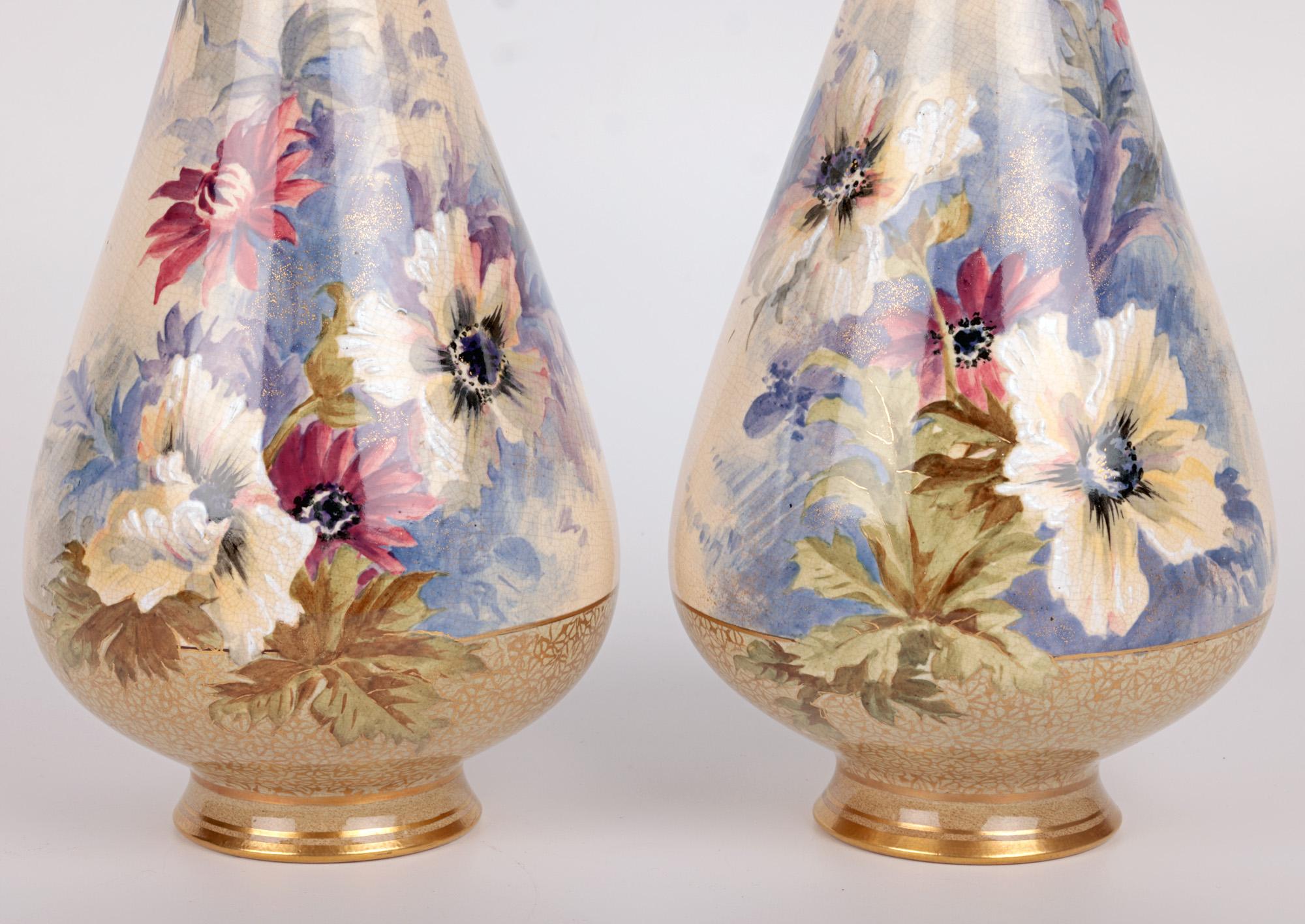 Art Nouveau Crown Doulton Lambeth Large Pair Impressive Floral Painted Vases For Sale