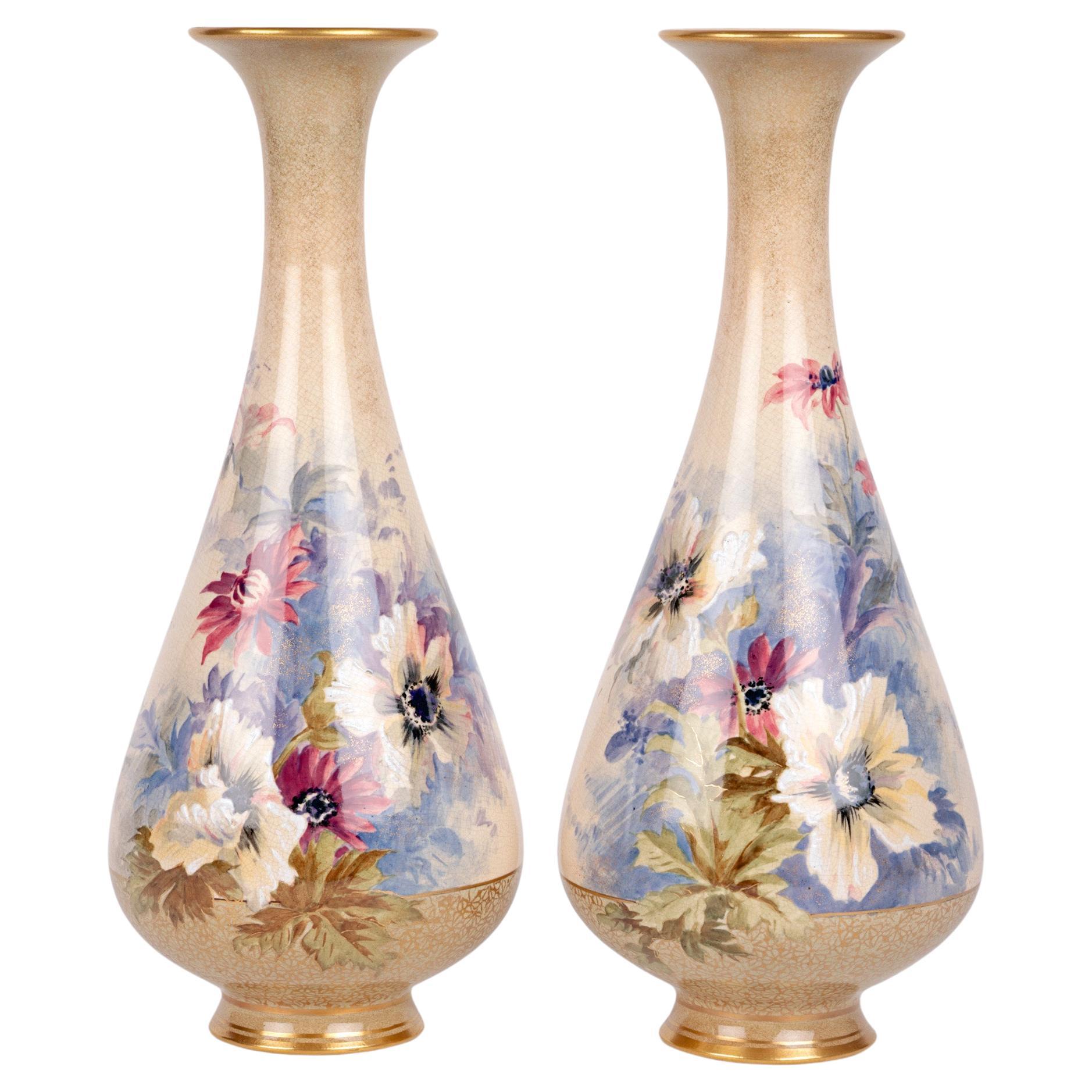 Crown Doulton Lambeth Large Pair Impressive Floral Painted Vases For Sale