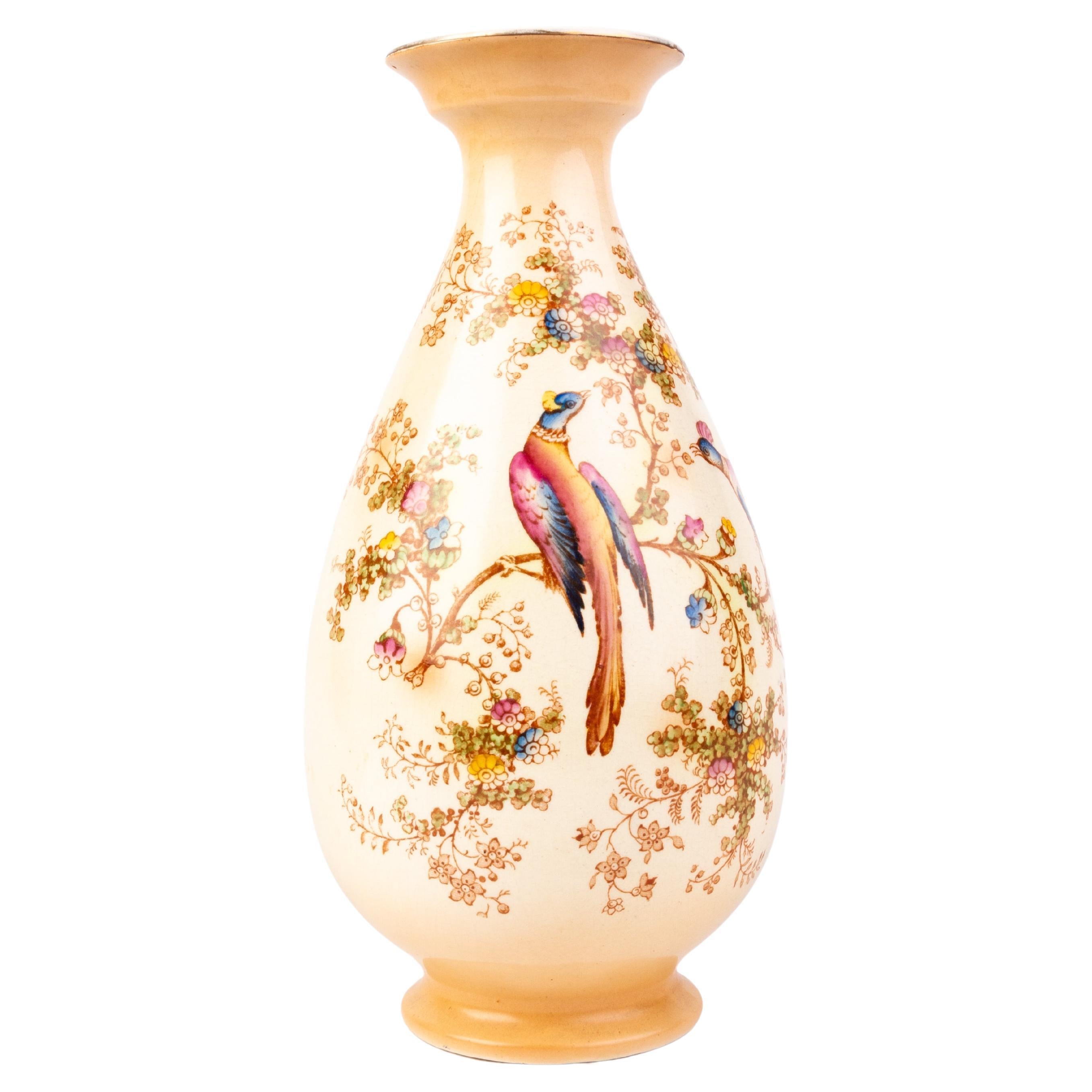 Crown Ducal Exotic Bird Blush Porcelain Vase For Sale