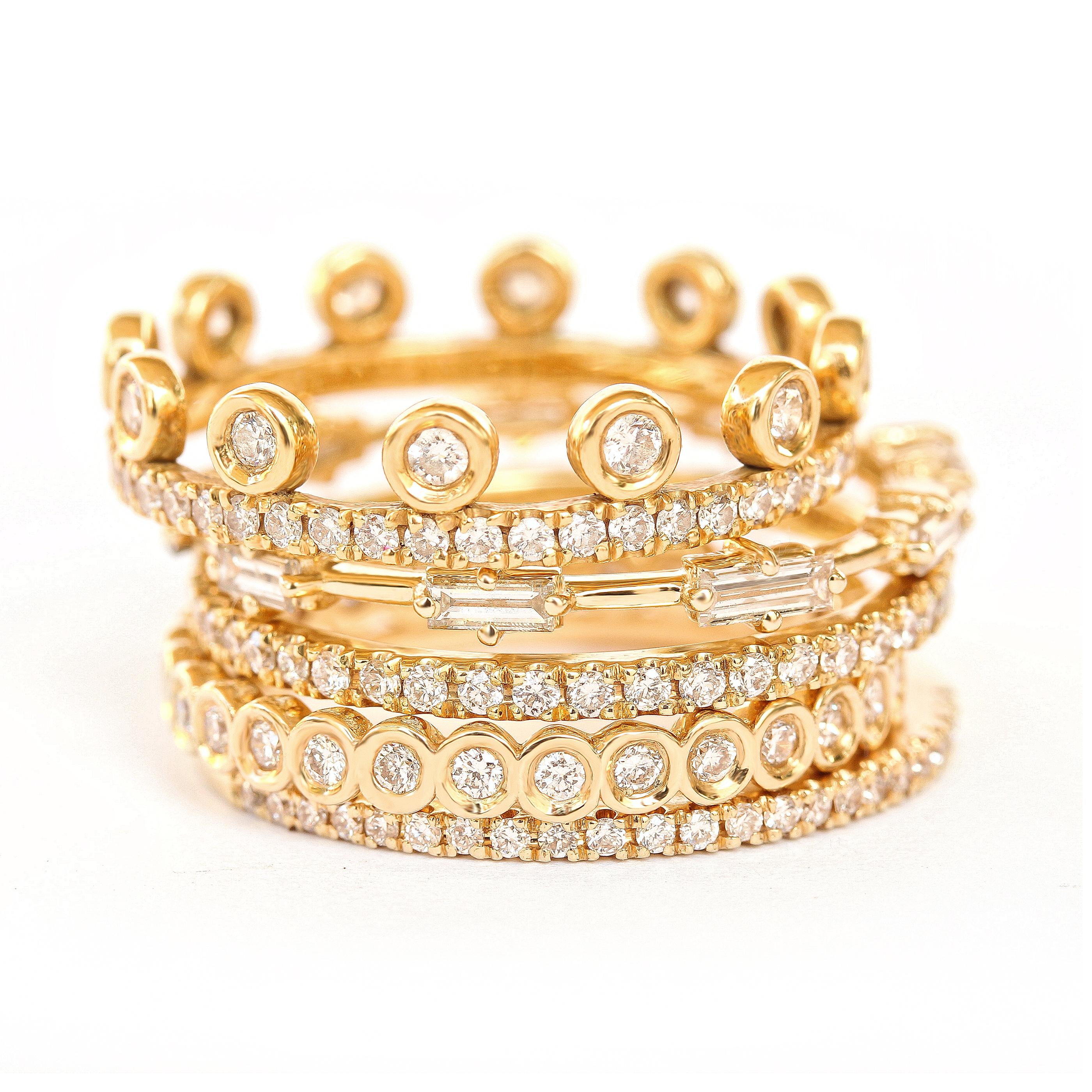 Round Cut Crown Eternity Unique Diamond Wedding Band, 18k Yellow Gold, Ready to Ship For Sale