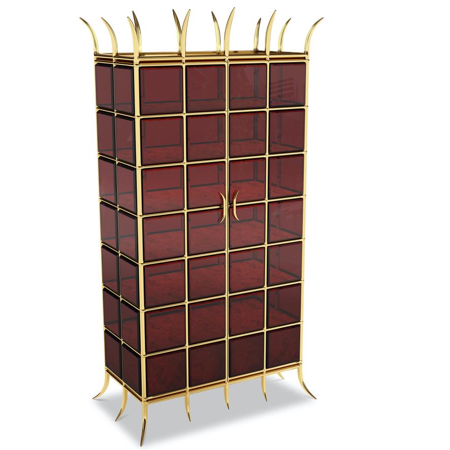 Art Deco Brass Cabinet With Red Glass And Walnut Adjustable Shelves For Sale