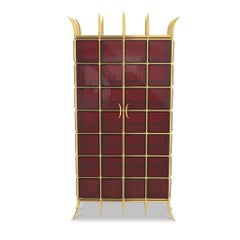 Brass Cabinet With Red Glass And Walnut Adjustable Shelves