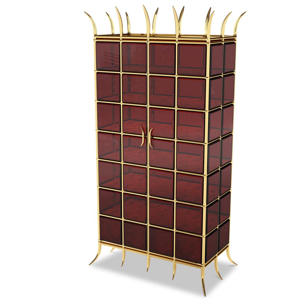 American Brass Cabinet With Red Glass And Walnut Adjustable Shelves For Sale