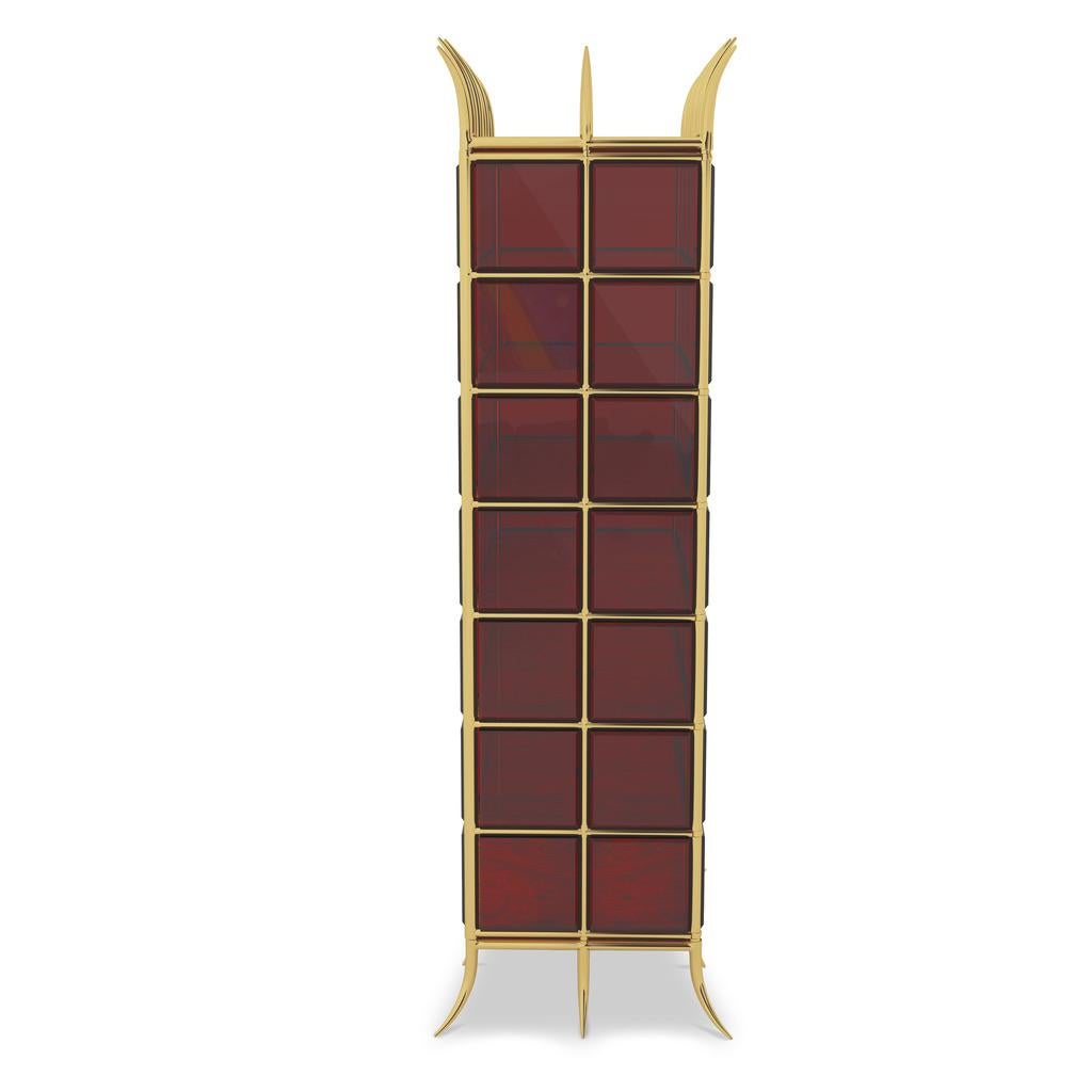 Lacquered Brass Cabinet With Red Glass And Walnut Adjustable Shelves For Sale
