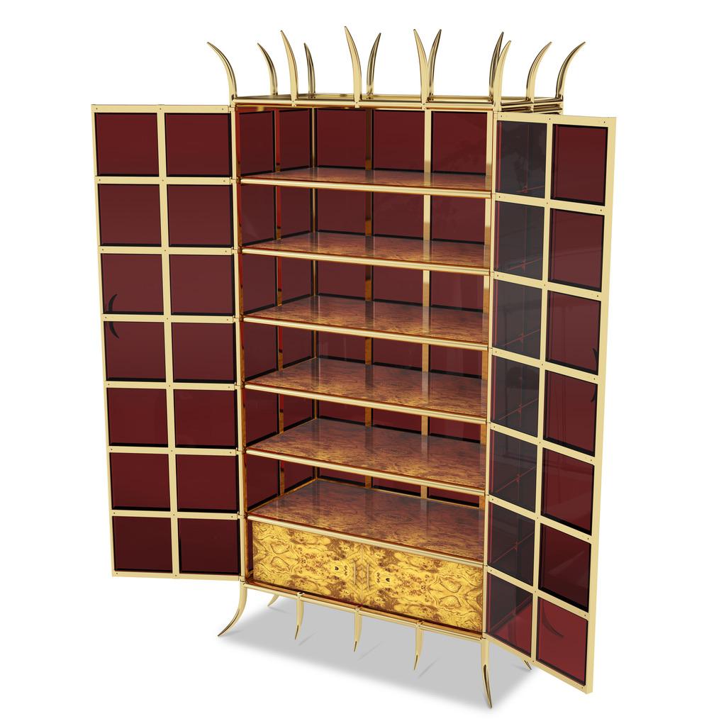 Contemporary Brass Cabinet With Red Glass And Walnut Adjustable Shelves For Sale