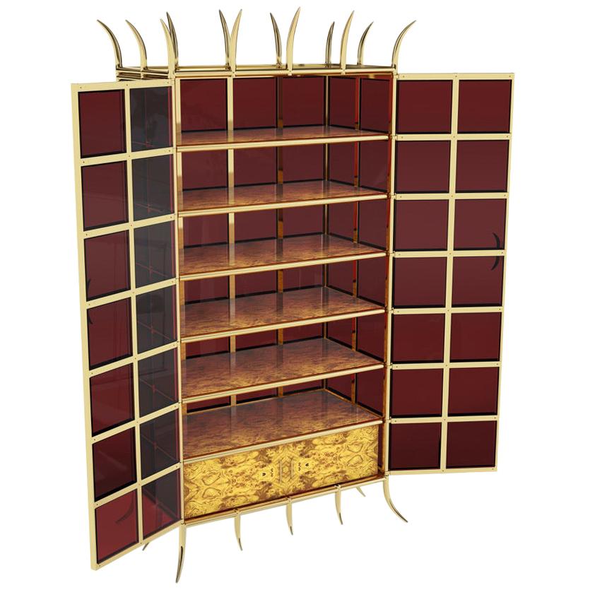 Brass Cabinet With Red Glass And Walnut Adjustable Shelves