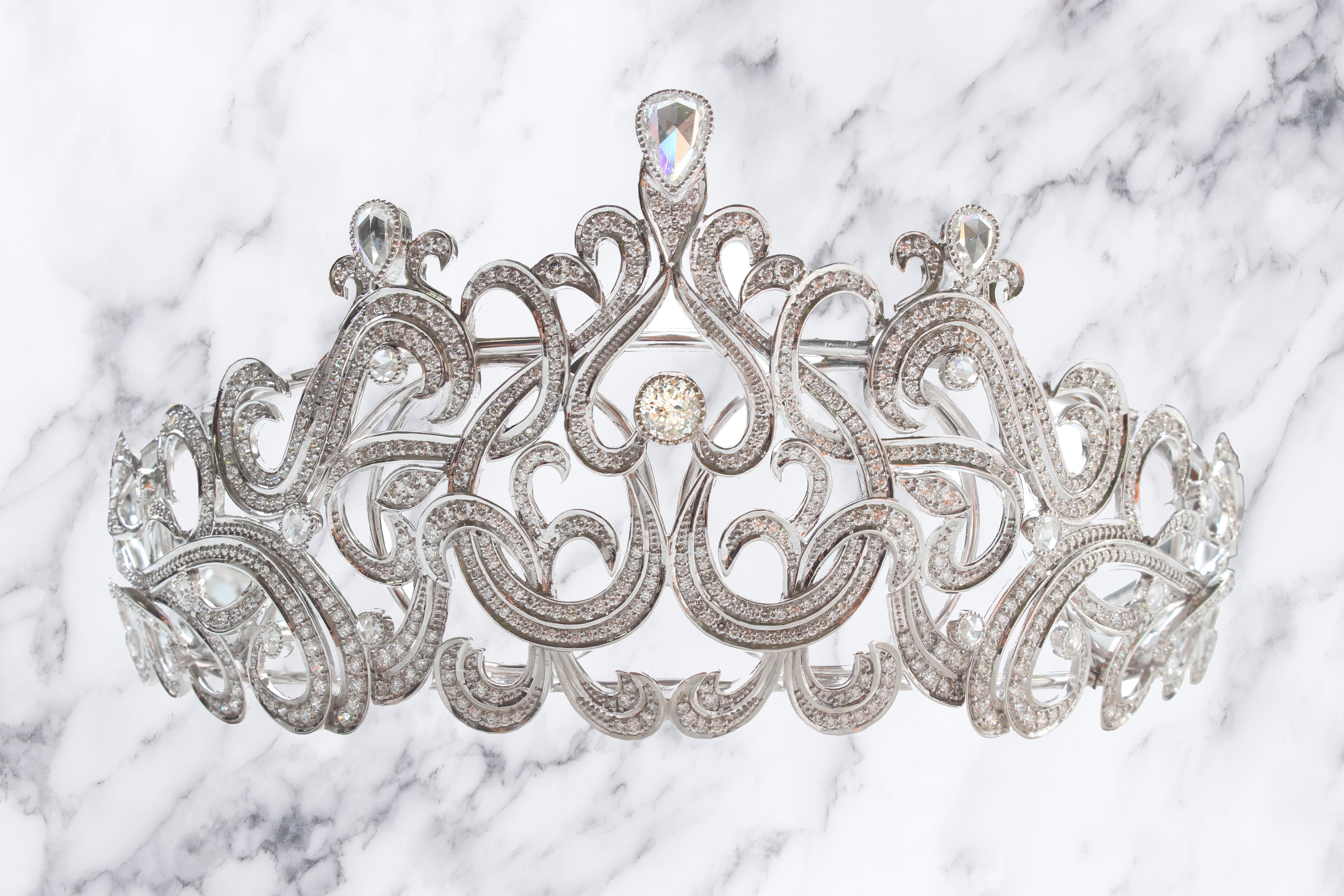 Crown Jubilee® Diamond has crafted this diamond encrusted Tiara for the socialite and collector. The total diamond weight of this Tiara is 16.67ct. The center diamond is a Round Crown Jubilee® Diamond. The Crown Jubilee® is a reclaimed diamond that