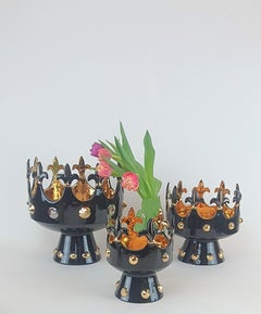 Modern Ceramica Gatti 1928 Crown Bowl Basket Handmade Ceramic Gold Black Flowers