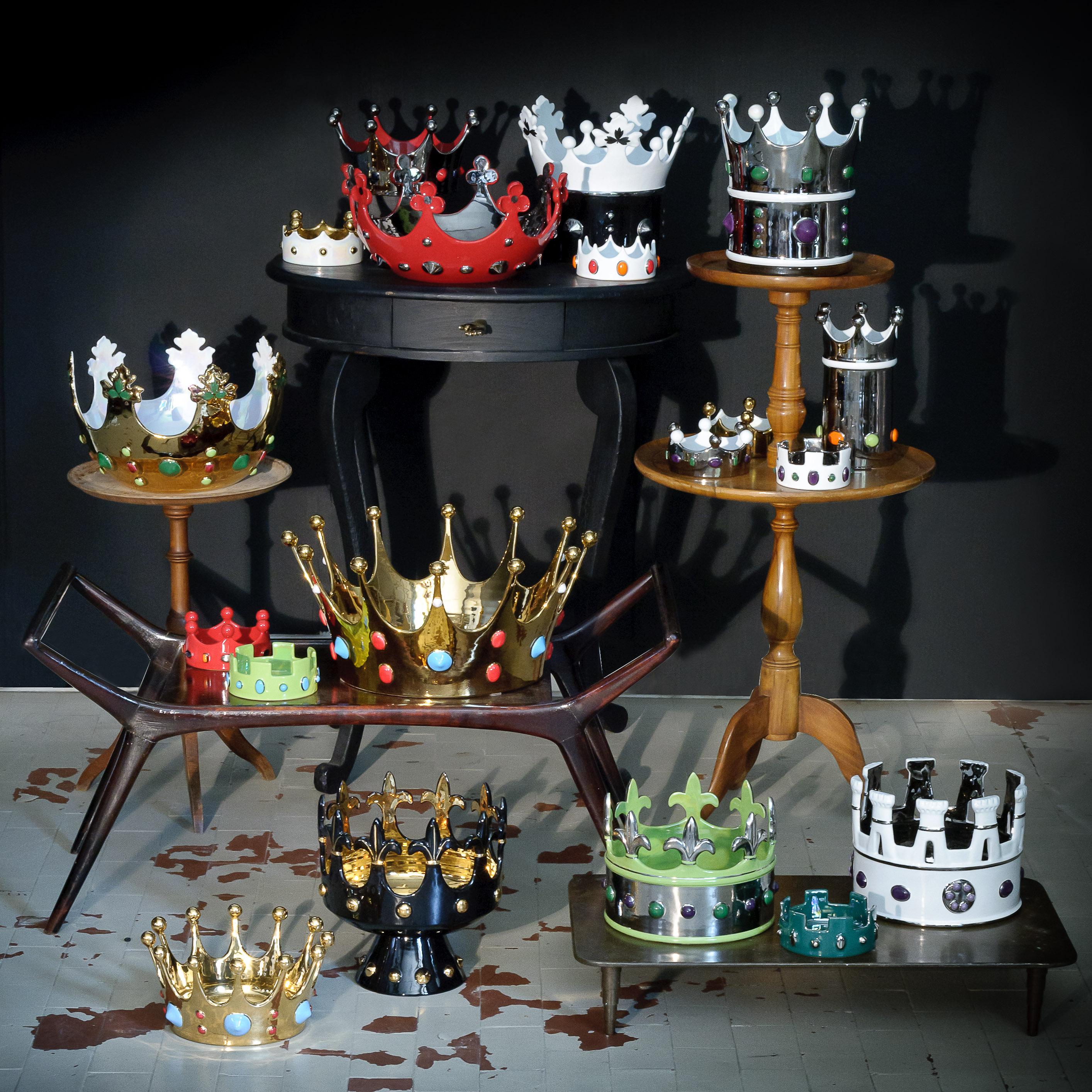 Moderna Ceramica Gatti 1928 Tazón Corona Cesta Hecho a Mano Cerámica Oro Negro Flores Italiano en venta