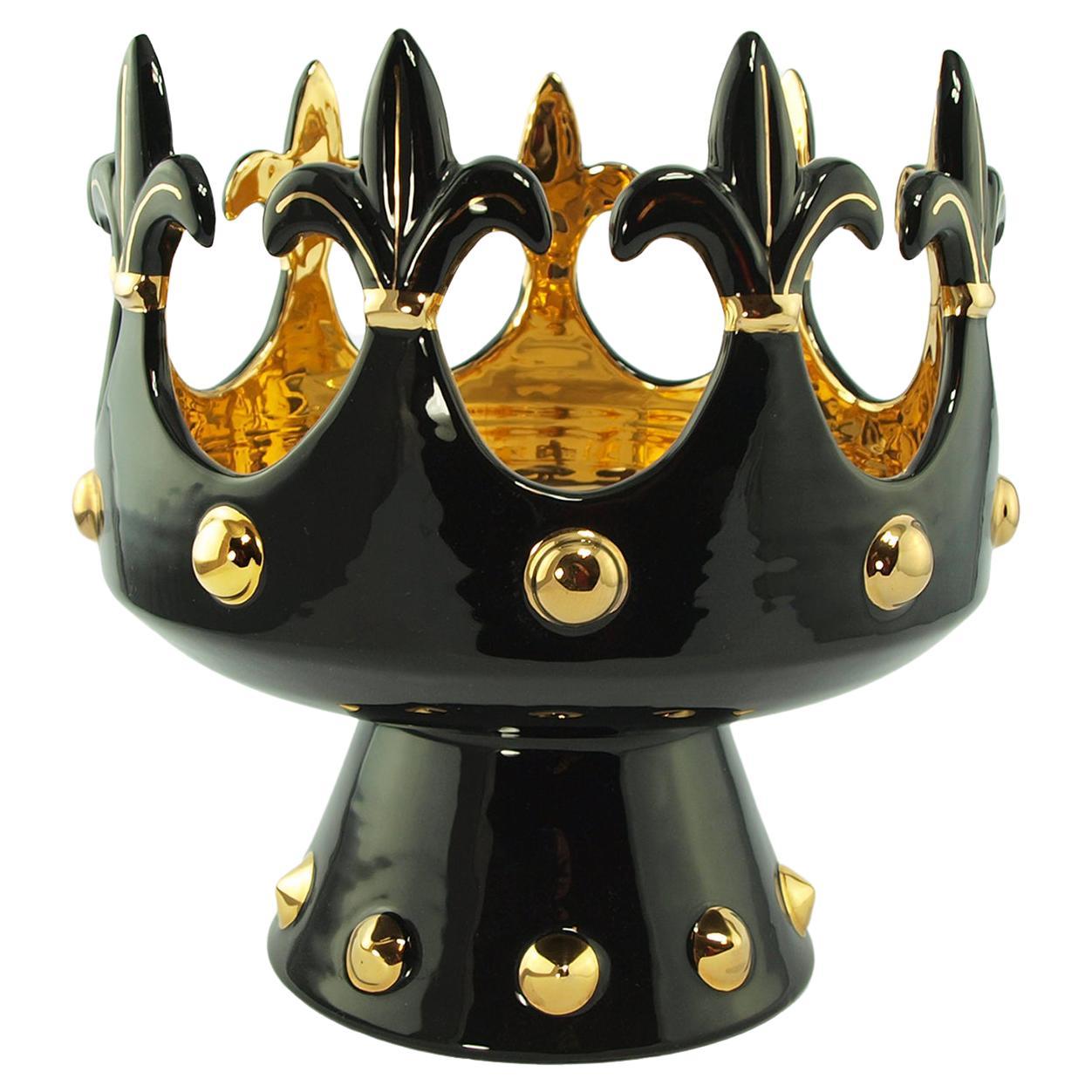 Bol couronne en céramique moderne Gatti 1928, fait à la main, fleurs noires et dorées en vente