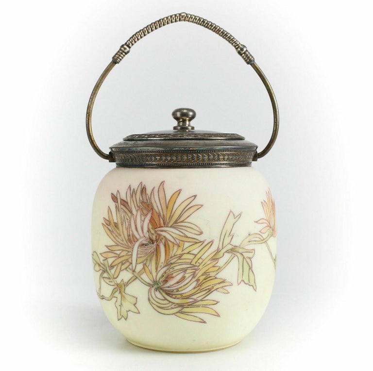 Crown Milano Art Glass Biscuit Jar Raised Hand Painted Enamel Floral