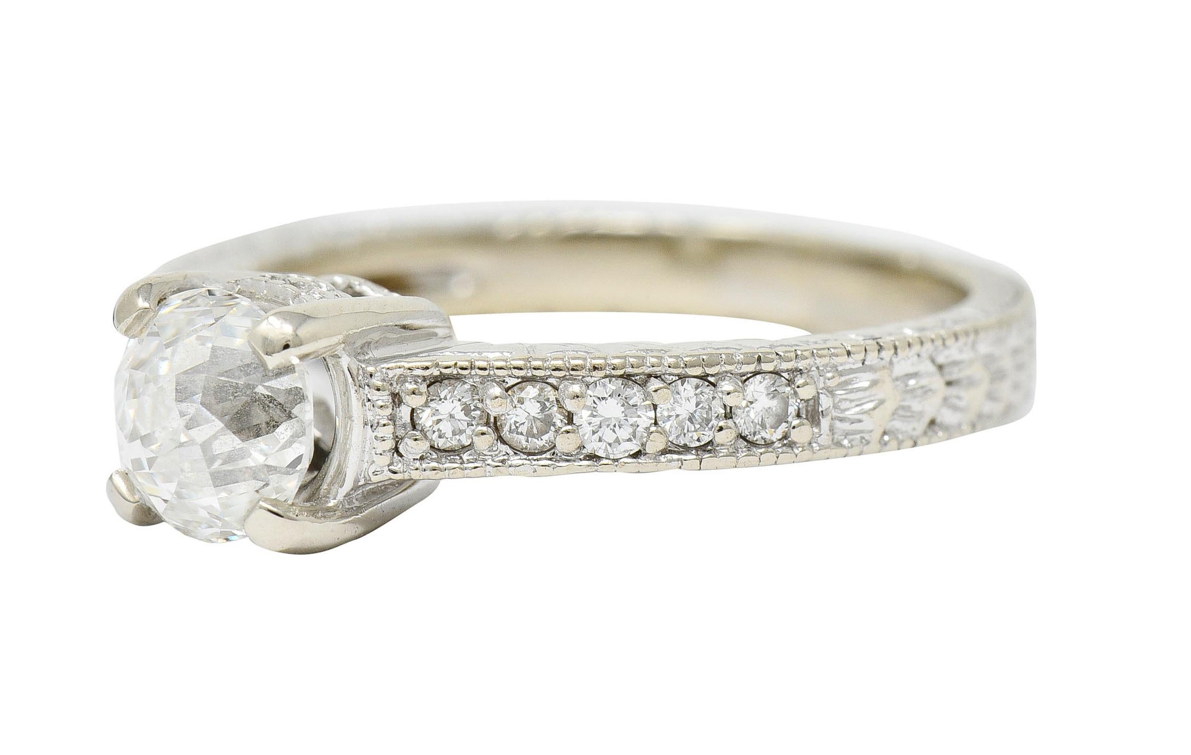 Art Deco Crown of Light 1.20 Carats Diamond 14 Karat White Gold Foliate Engagement Ring