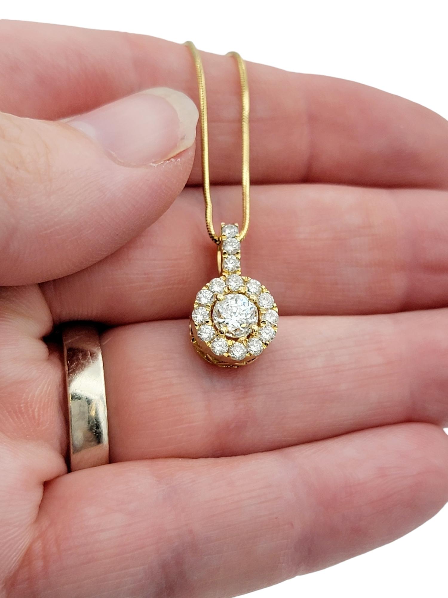 Crown of Light and Round Diamond Halo Pendant Necklace with Snake Chain 14K Gold For Sale 4