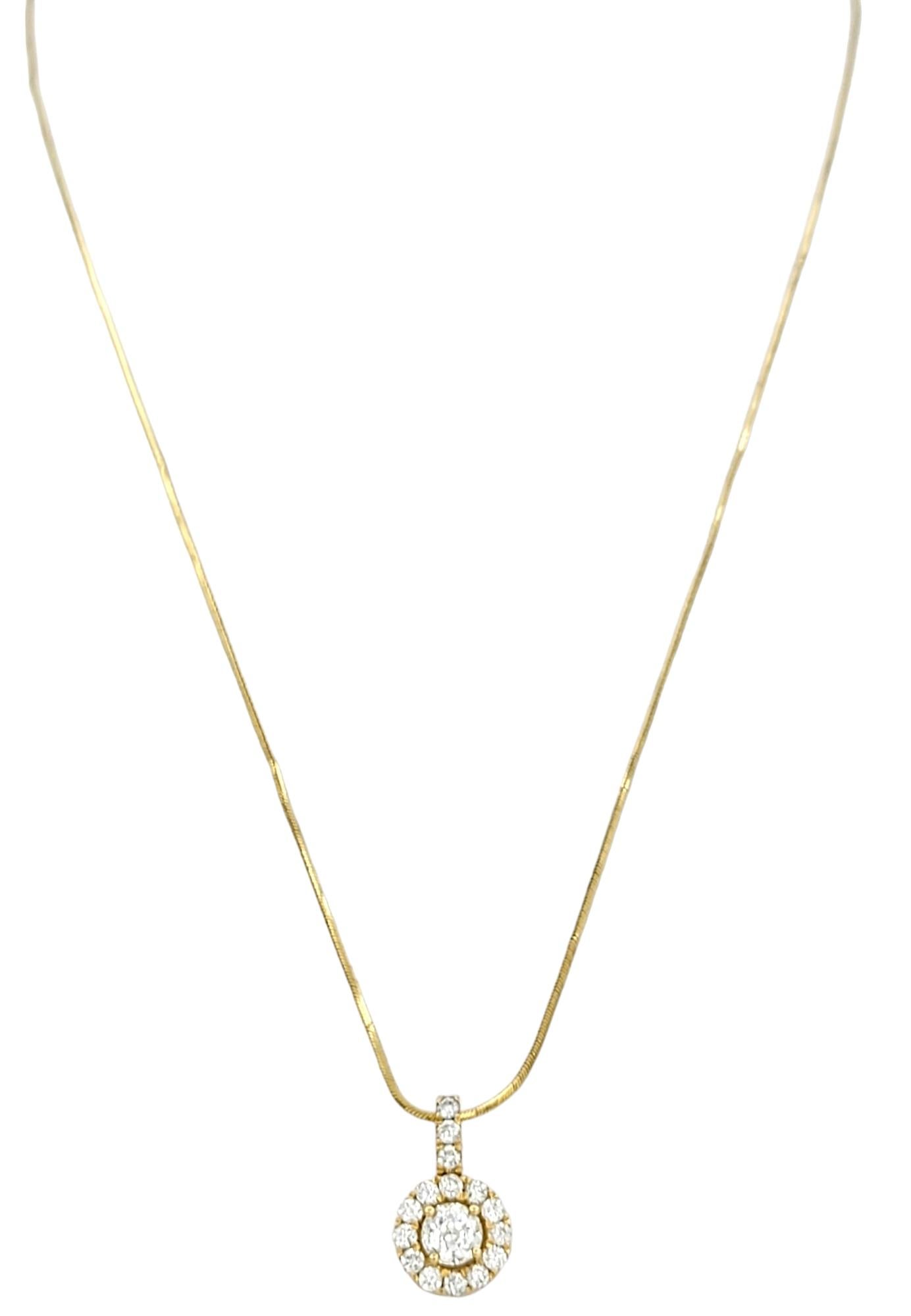 Contemporary Crown of Light and Round Diamond Halo Pendant Necklace with Snake Chain 14K Gold For Sale