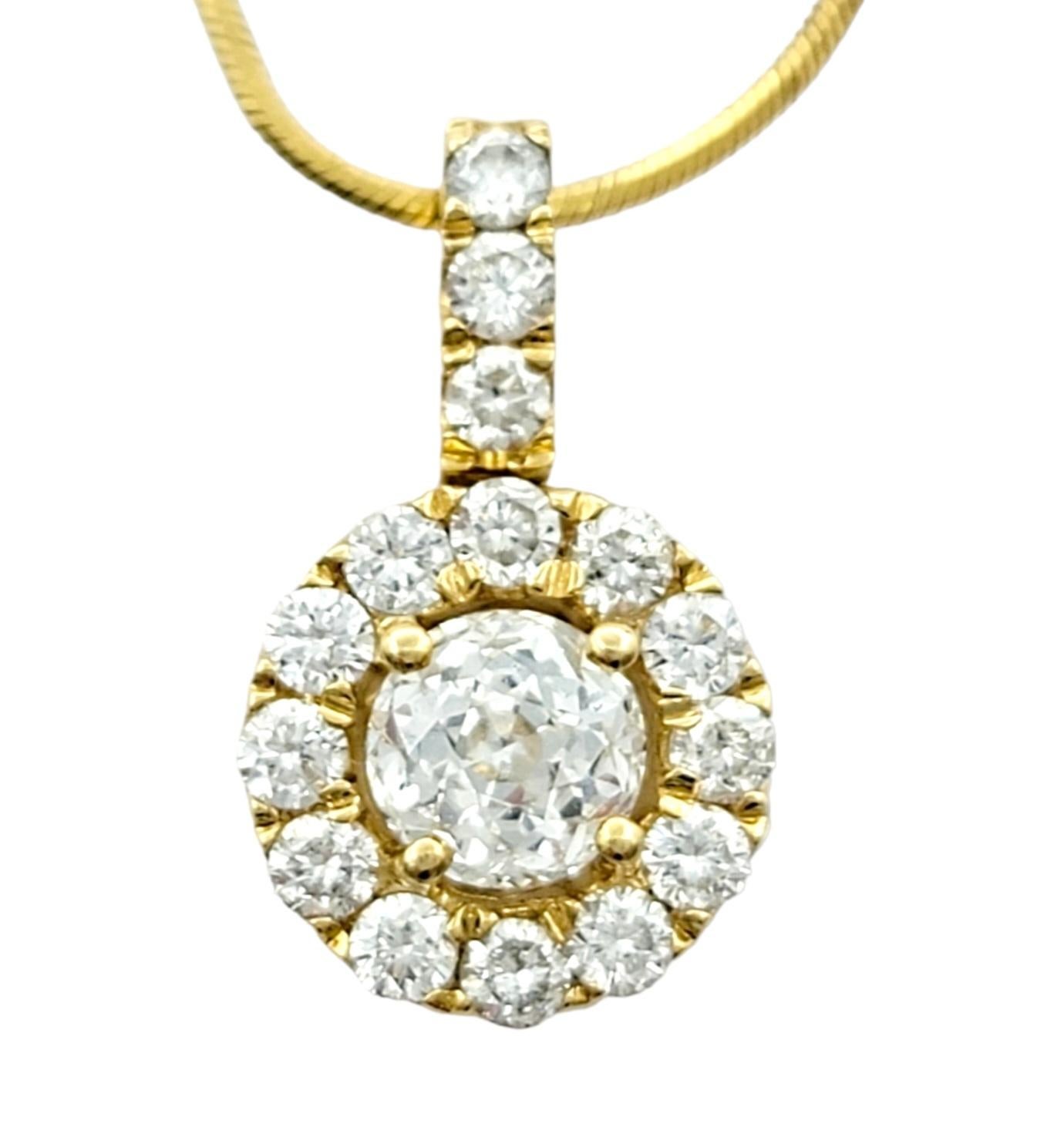 Contemporary Crown of Light and Round Diamond Halo Pendant Necklace with Snake Chain 14K Gold For Sale