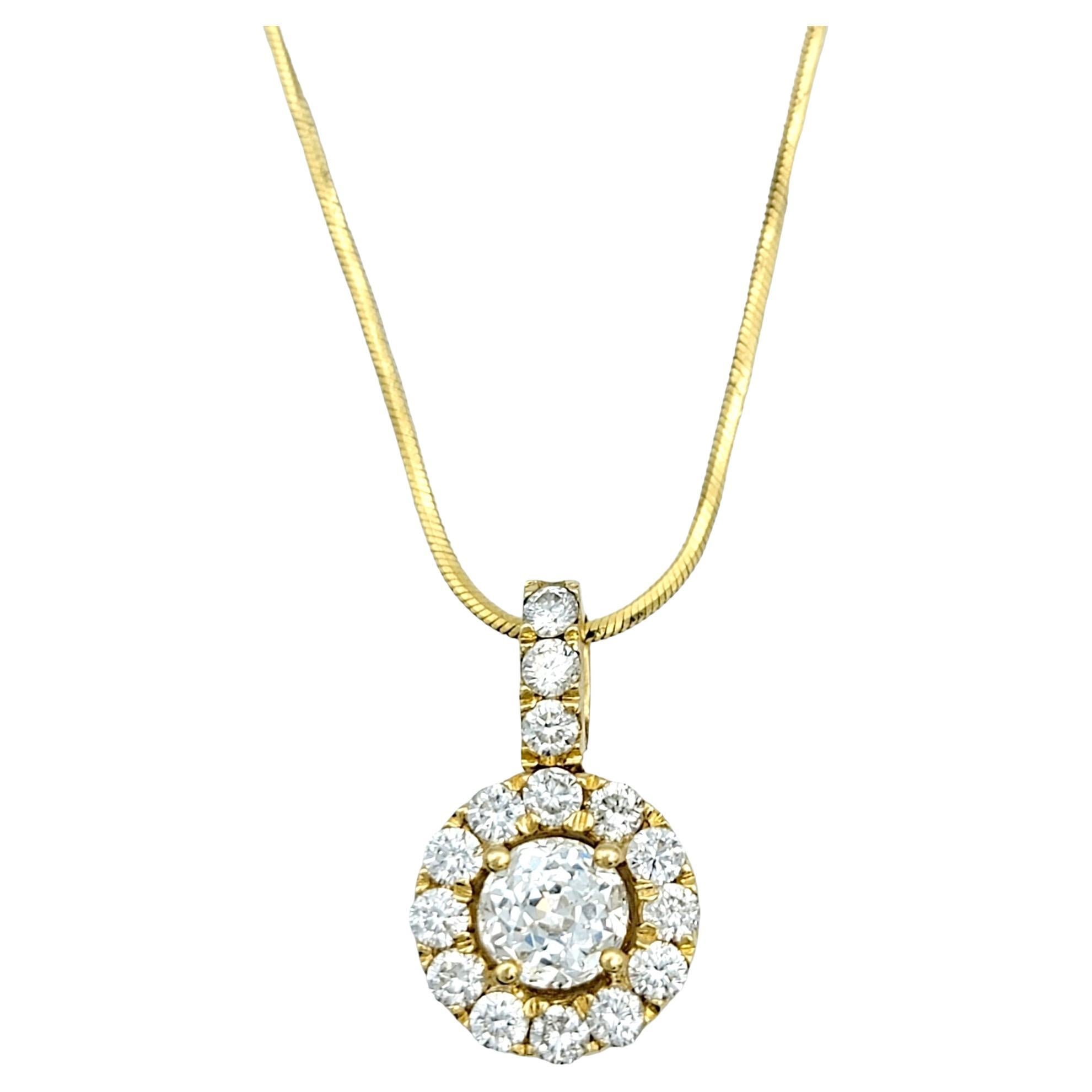 Crown of Light and Round Diamond Halo Pendant Necklace with Snake Chain 14K Gold For Sale