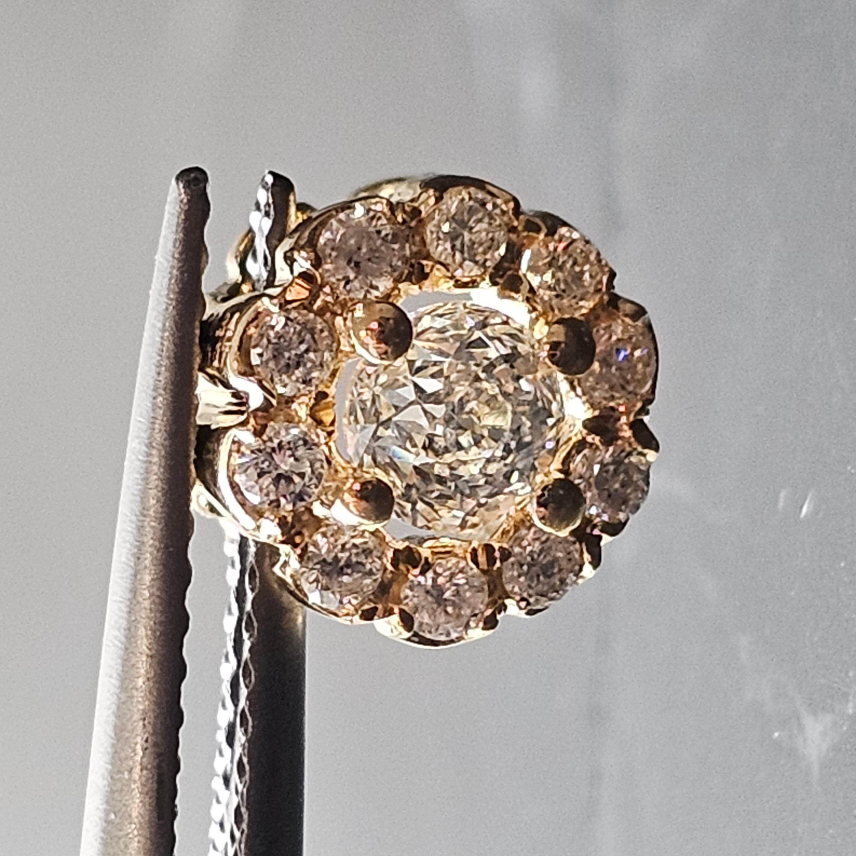 Round Cut Crown of Light Diamond Pendant .34ct Center .17ct Sides Halo 14k Yellow Gold