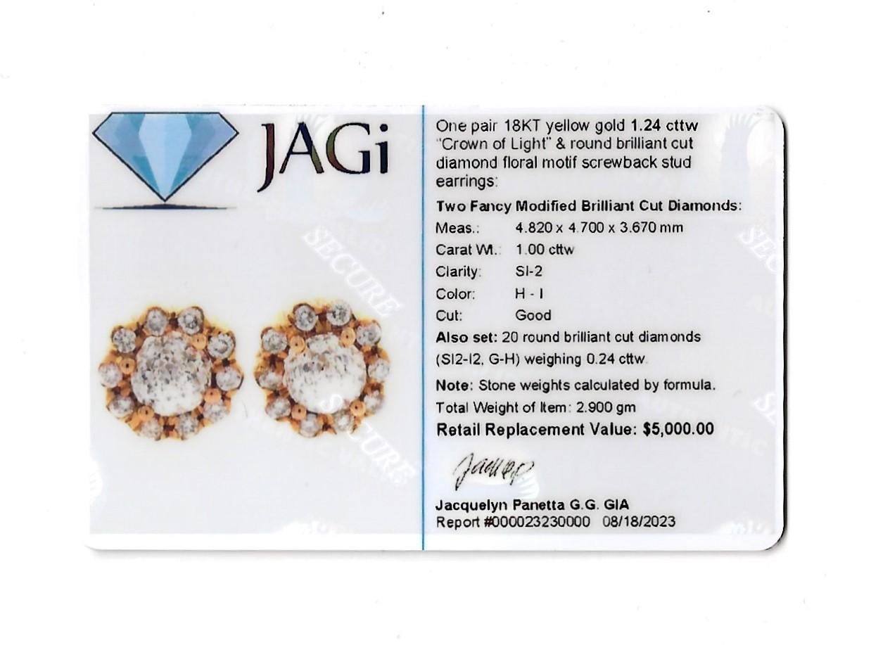 Crown of Light Diamond Stud Earrings with Halo Flower Motif in 18 Karat Gold For Sale 1