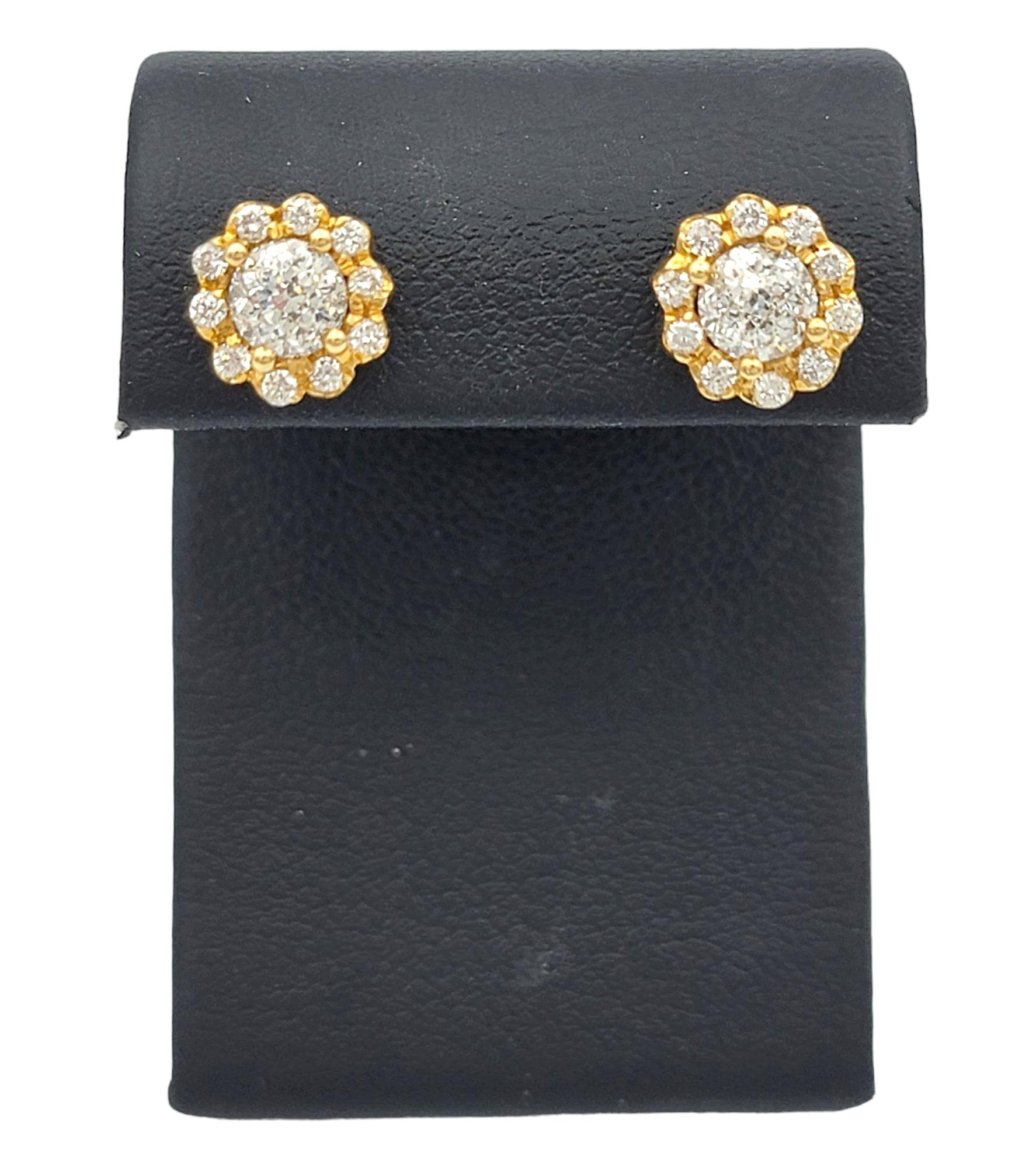 Round Cut Crown of Light Diamond Stud Earrings with Halo Flower Motif in 18 Karat Gold For Sale