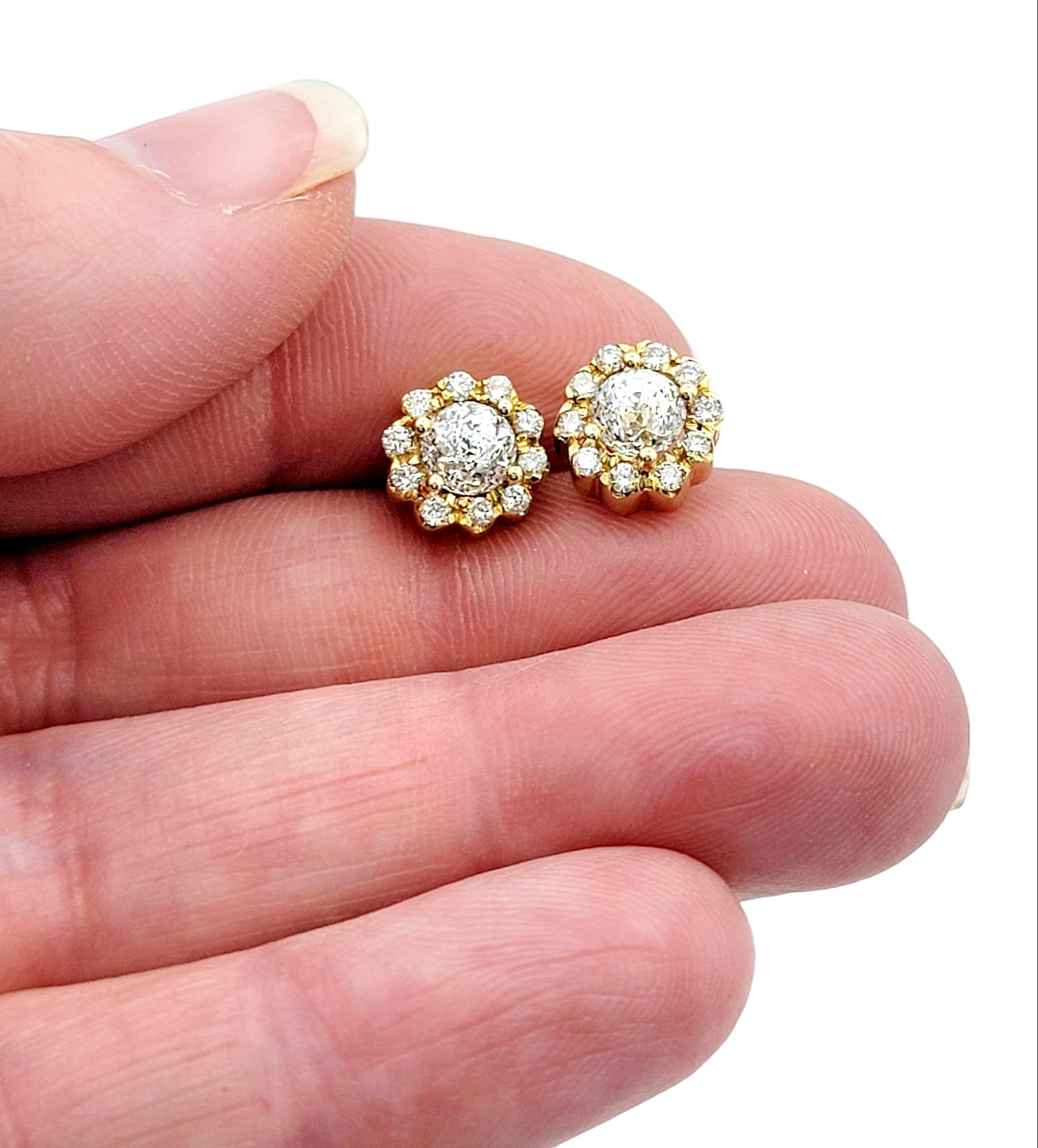 Women's Crown of Light Diamond Stud Earrings with Halo Flower Motif in 18 Karat Gold For Sale
