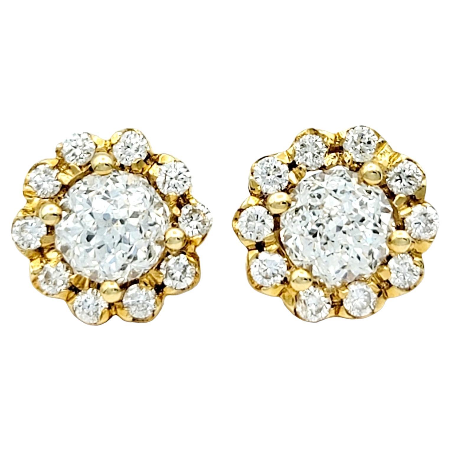 Crown of Light Diamond Stud Earrings with Halo Flower Motif in 18 Karat Gold For Sale