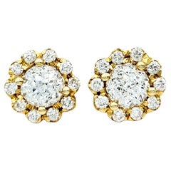 Crown of Light Diamond Stud Earrings with Halo Flower Motif in 18 Karat Gold