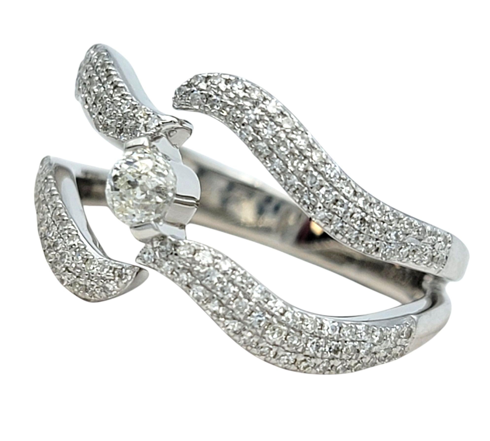 Contemporary Crown of Light Diamond Wave Motif Split Shank Band Ring in 14 Karat White Gold For Sale