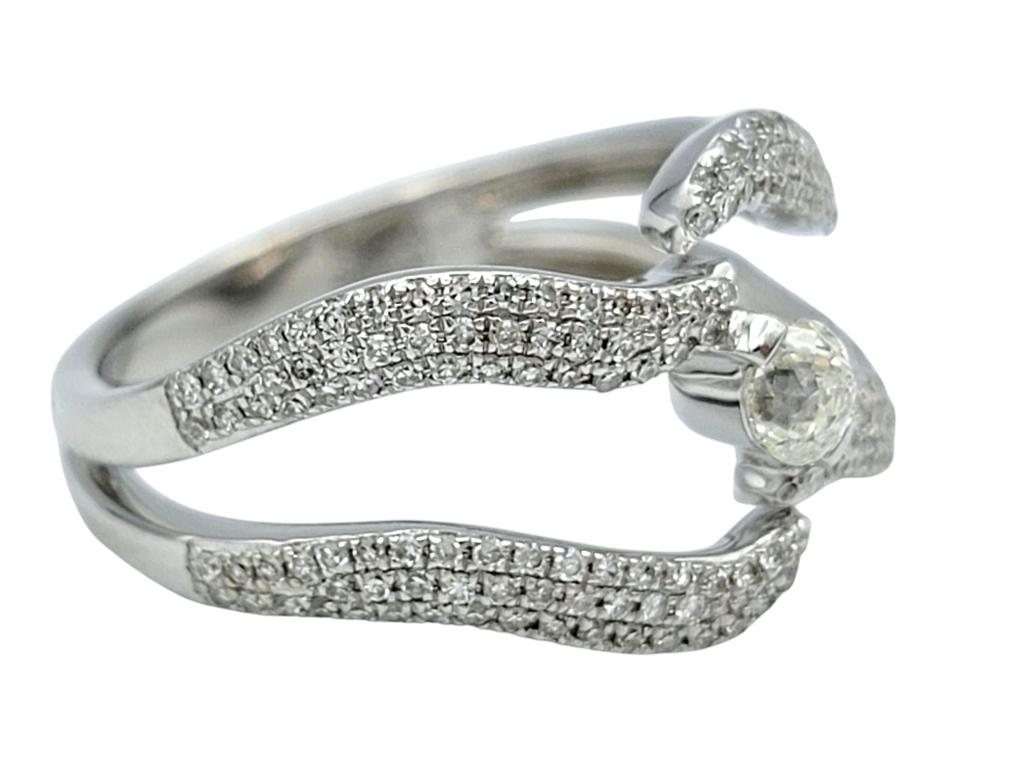Round Cut Crown of Light Diamond Wave Motif Split Shank Band Ring in 14 Karat White Gold For Sale