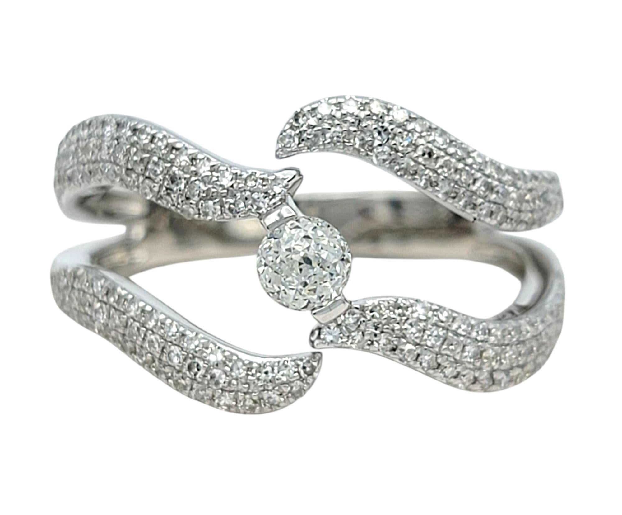 Women's Crown of Light Diamond Wave Motif Split Shank Band Ring in 14 Karat White Gold For Sale