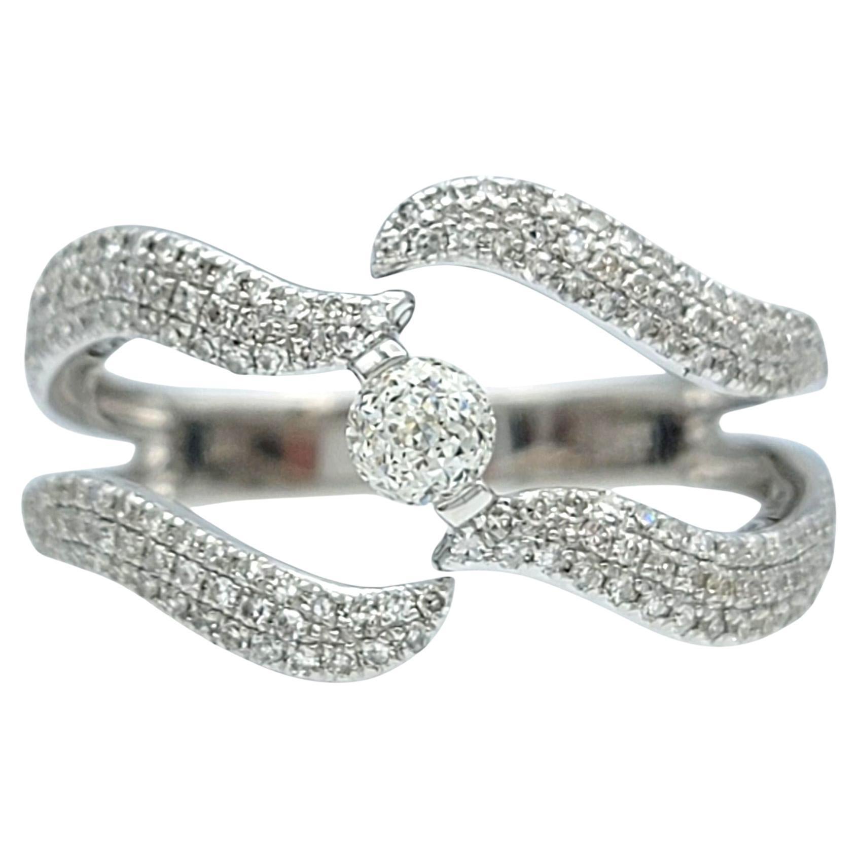 Crown of Light Diamond Wave Motif Split Shank Band Ring in 14 Karat White Gold For Sale