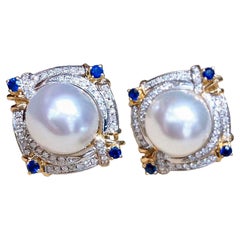 【Crown Radiance】 Aurora South Sea Pearl & Sapphire Diamond Stud Earrings