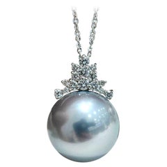 【Corona Resplandor】15.7mm Platino-Gris Collar Colgante Perla Tahitiana y Diamante