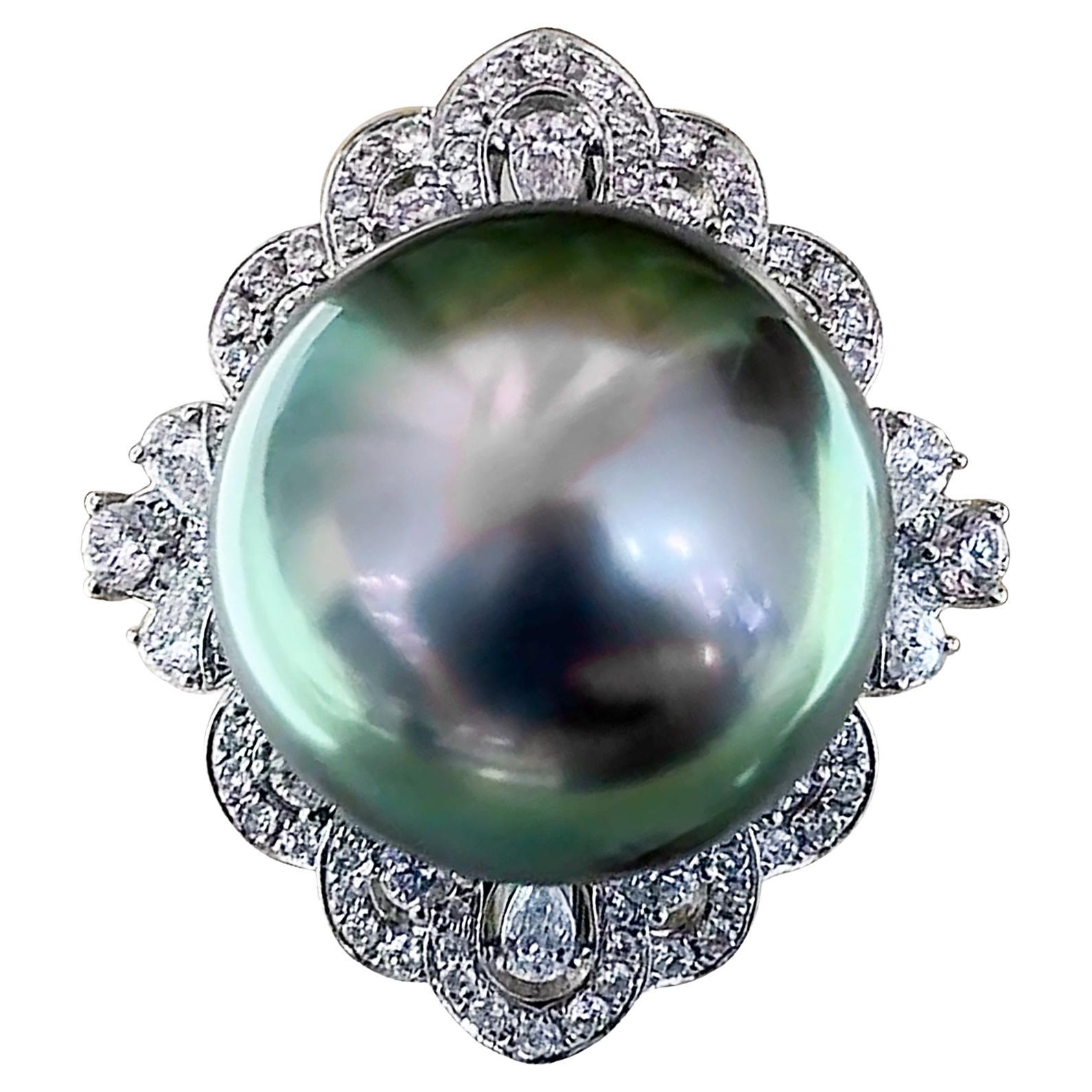 【Crown Radiance】15mm Peacock Tahitian Pearl & Diamond Halo Ring in 18K White For Sale