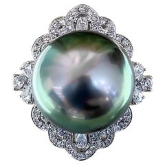 【Crown Radiance】15mm Peacock Tahitian Pearl & Diamond Halo Ring in 18K White