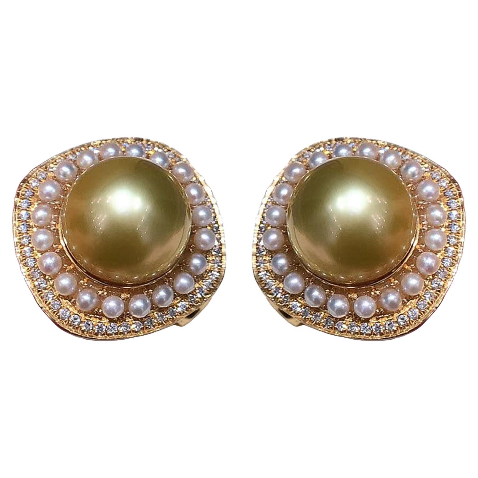 【Crown Radiance】AAAA Golden South Sea Pearl Halo Dome Earrings