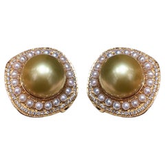【Crown Radiance】AAAA Boucles d'oreilles Halo Dome en perles des mers du Sud dorées