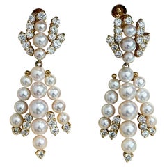 【Crown Radiance】Akoya Pearl & Diamond Cascade Earrings in 18K Gold (Clip-On)