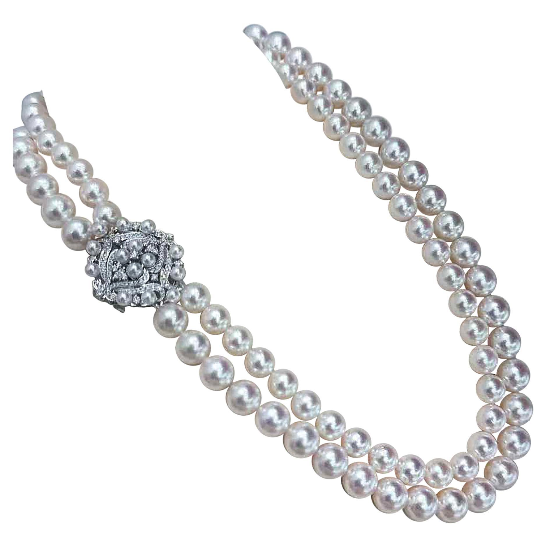 【Crown Radiance】Akoya Perle Doppelstrang Halskette Diamant Medaillon Verschluss