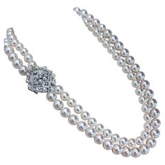 【Crown Radiance】Akoya Perle Doppelstrang Halskette Diamant Medaillon Verschluss