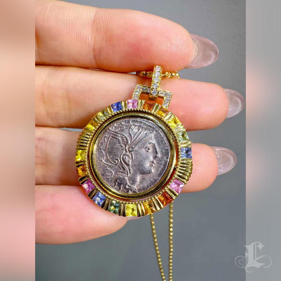 【Crown Radiance】Ancient Roman Silver Coin Rotating Pendant with Rainbow Sapphire For Sale 5